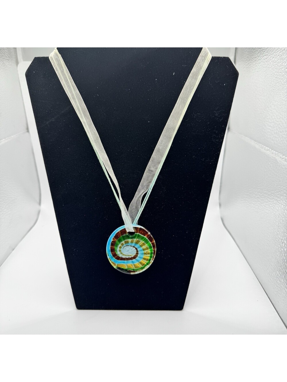 Artisan Glass Pendant Necklace Multicolor Spiral Round Disk Ribbon Cord Boho
